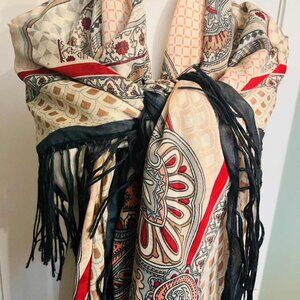 Vintage Bohemian Fringe Shawl — Paisley & Geometric Fusion (130 × 130 cm)